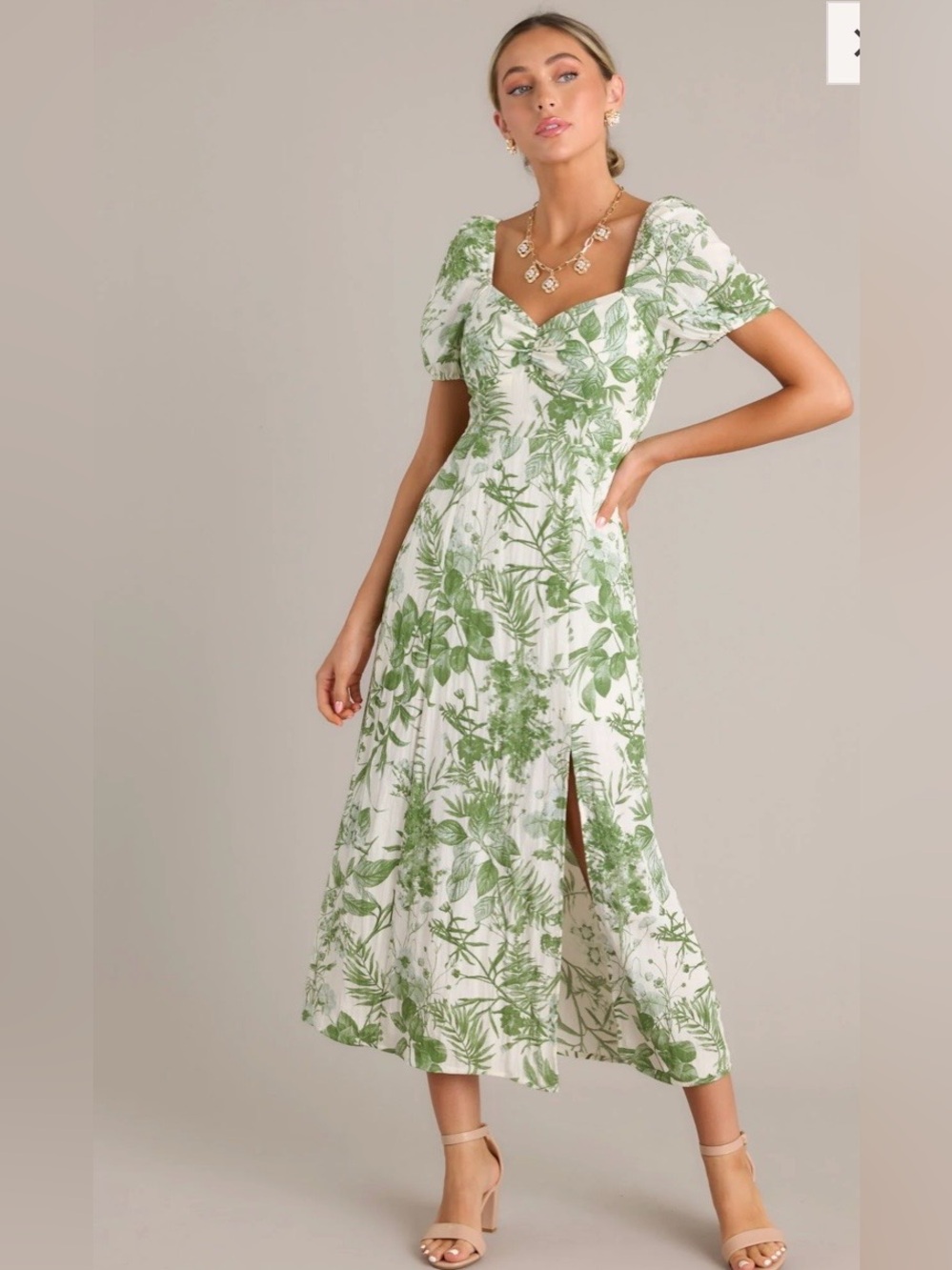 Green Floral Puff Sleeve Midi Dress, Cottagecore